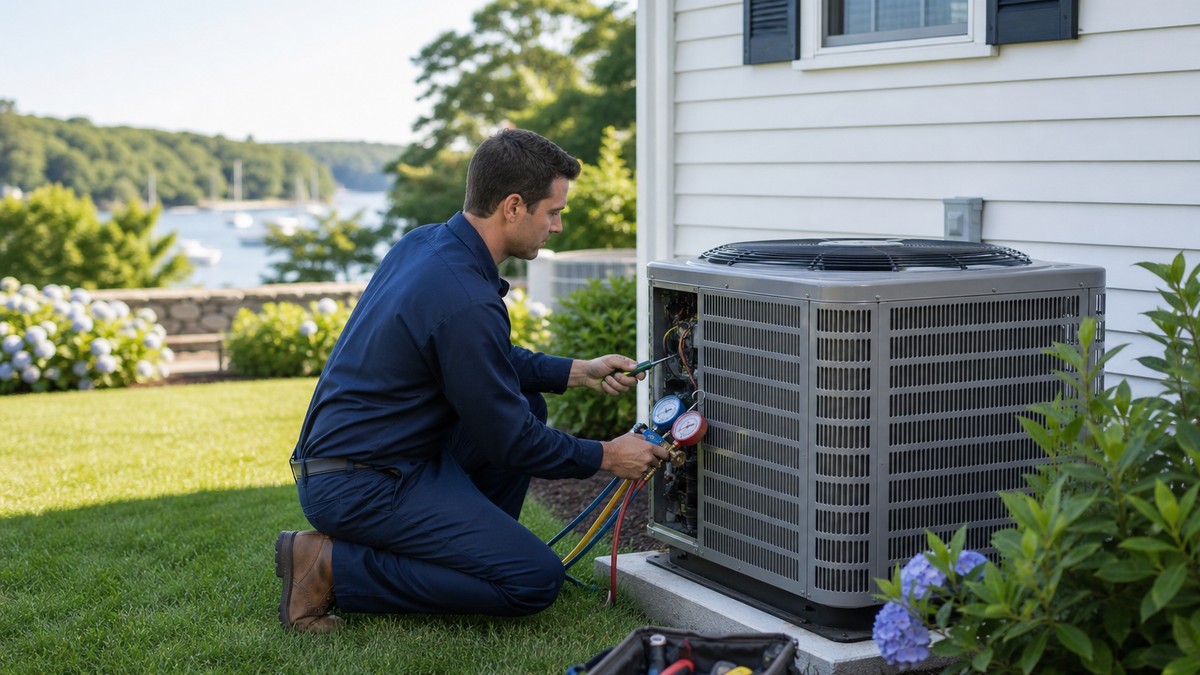 HVAC technician inspecting an outdoor central air conditioner during a summer tune-up at a New England home.