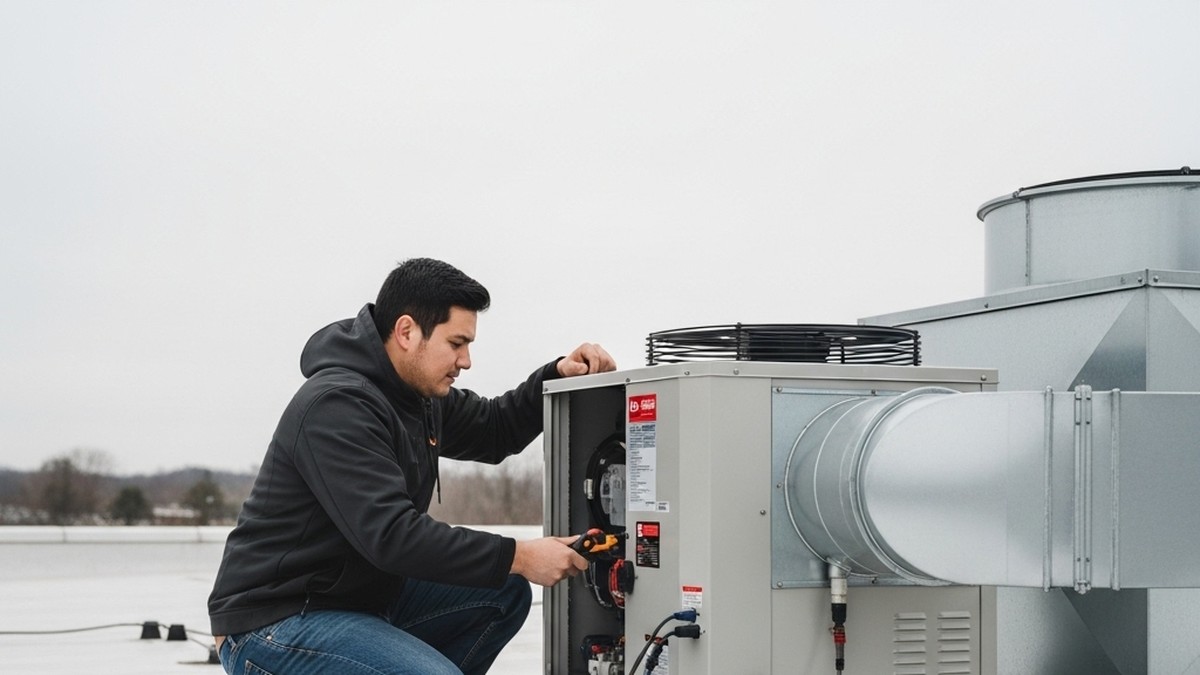 HVAC technician inspecting a commercial rooftop unit on a flat roof.