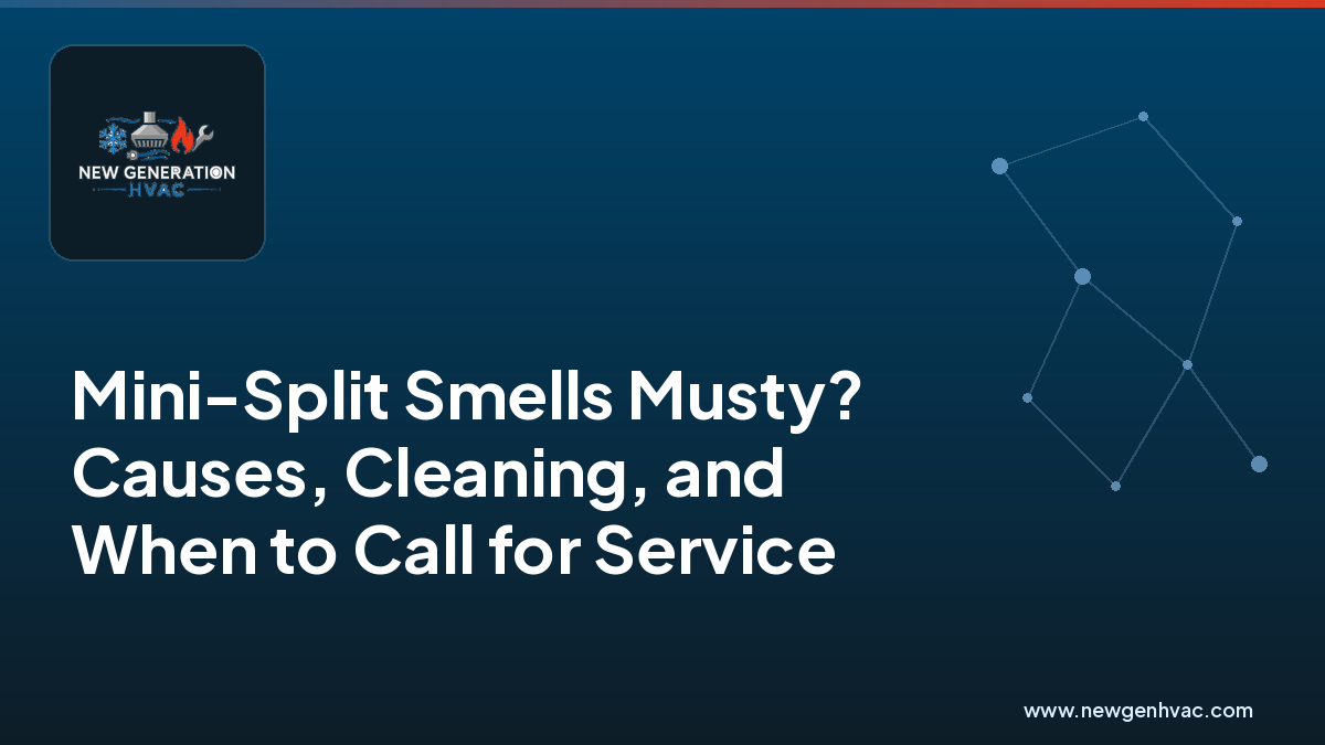 NewGen HVAC branded blog image about musty smells from ductless mini-split systems.