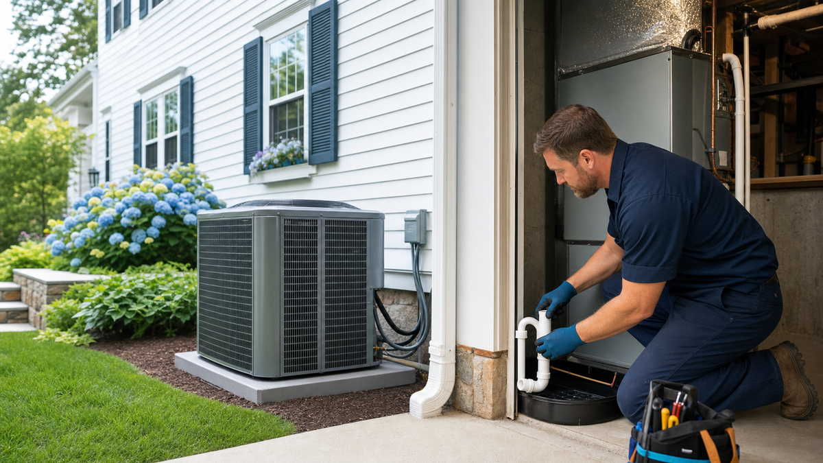 HVAC technician inspecting an air conditioning system for a clogged condensate drain line