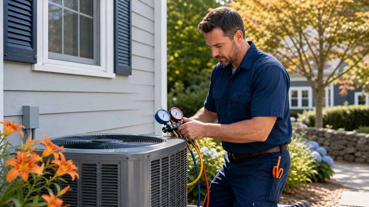 HVAC technician inspecting an outdoor air conditioner condenser beside a home on a summer day.