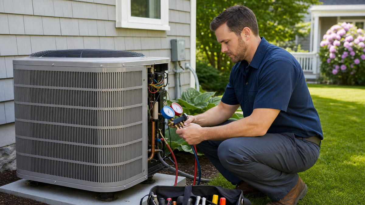 HVAC technician inspecting an outdoor central AC condenser during a summer repair visit at a New England home.