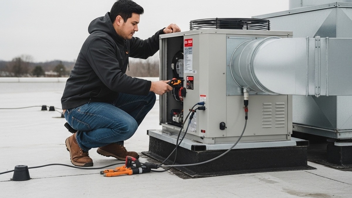Technician servicing a commercial rooftop HVAC unit, used for a NewGen HVAC rooftop unit maintenance article.