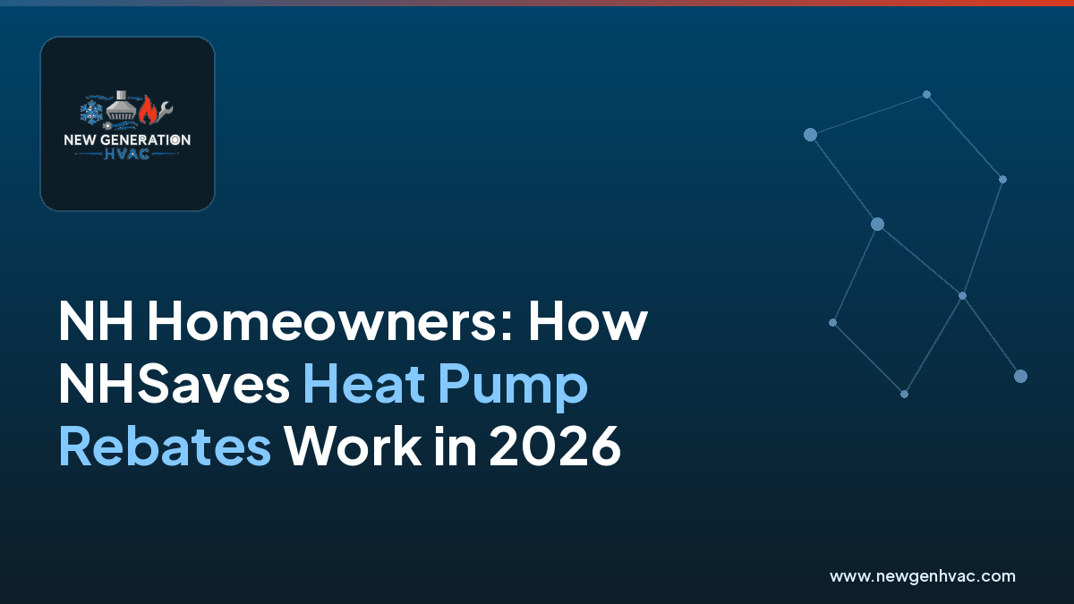 NewGen HVAC branded blog image about NHSaves heat pump rebates for New Hampshire homeowners.