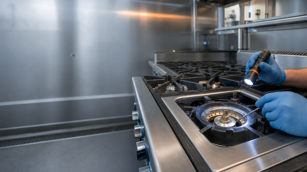 Technician inspecting a commercial kitchen range burner for restaurant equipment repair.