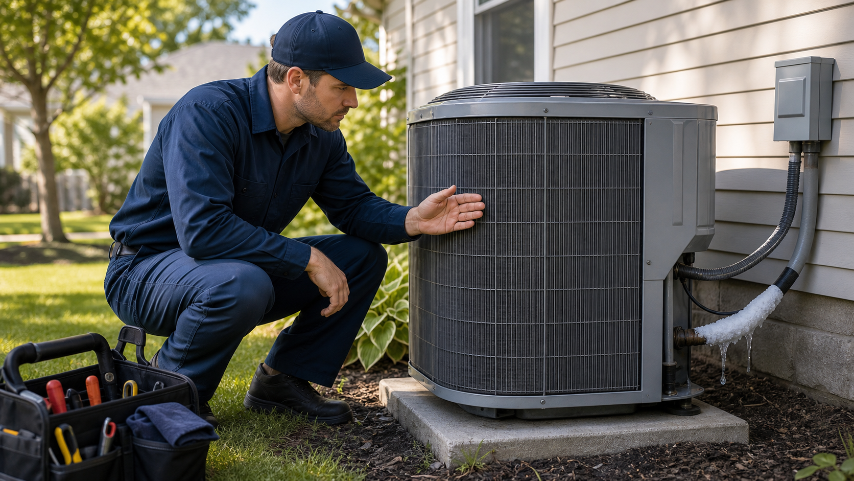 HVAC technician inspecting an outdoor air conditioner with ice on the refrigerant line during summer.