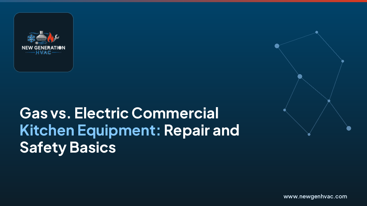 NewGen HVAC branded blog image for commercial kitchen equipment repair and safety basics.