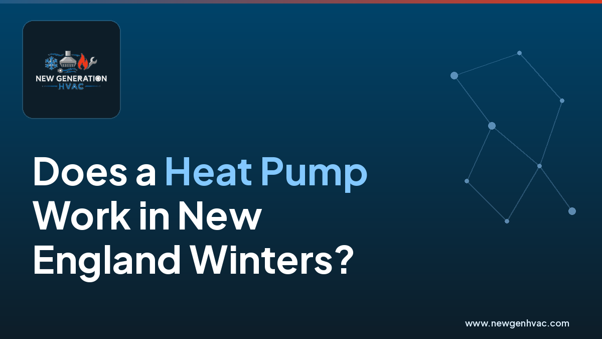 NewGen HVAC branded image about heat pump performance in New England winters.