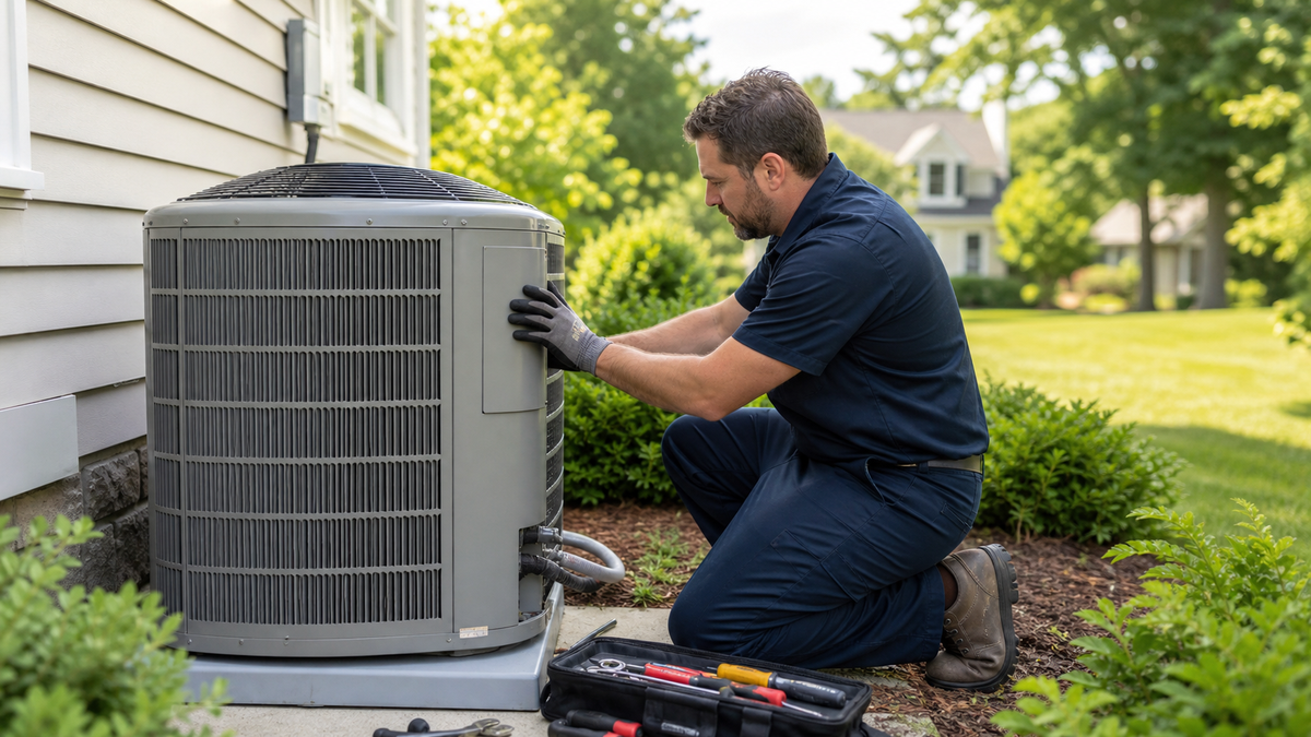HVAC technician inspecting an outdoor central air conditioner for a possible capacitor failure