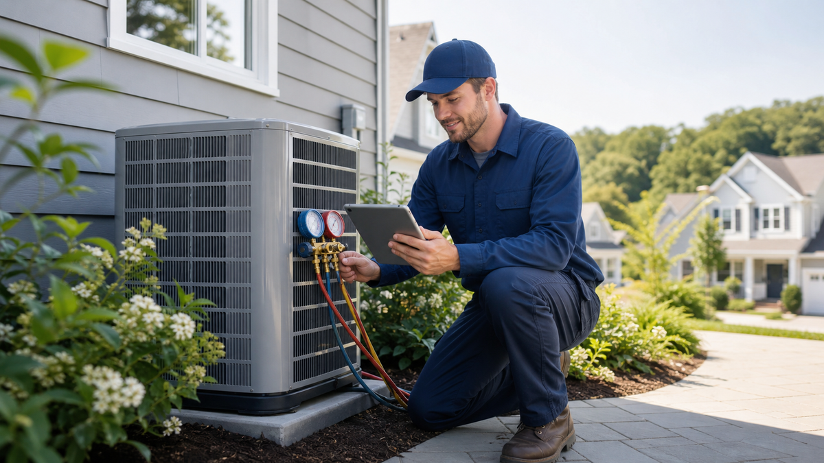 HVAC technician inspecting an outdoor central AC or heat pump unit beside a New England home.