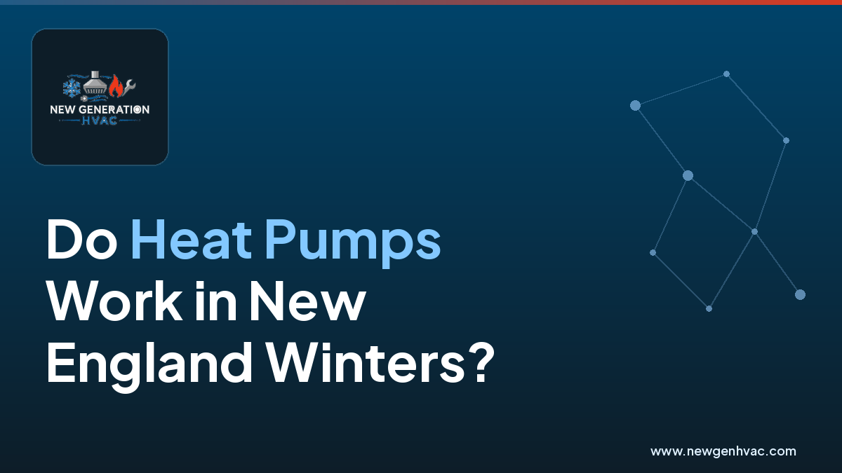 NewGen HVAC branded image for a heat pump winter performance article.